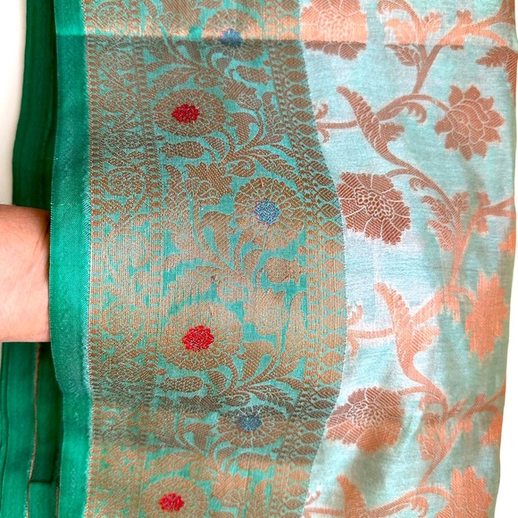 Indian women saree semi Banarasi with unstitched blouse pista green / orange - Picture 4 of 7